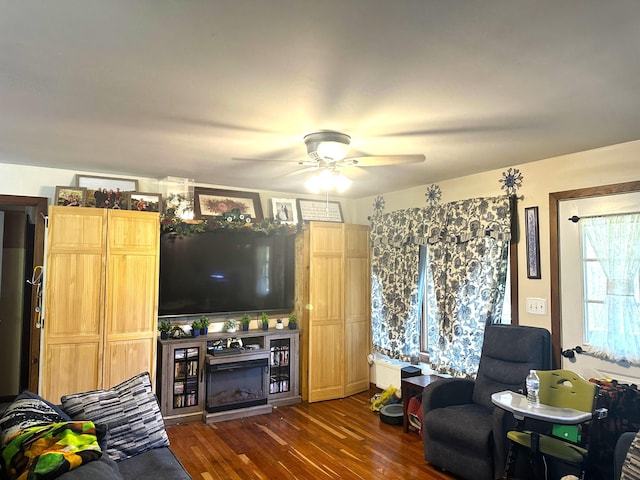 932 Bunker Hill Rd, Jefferson, ME 04348 - living room featuring dark wood-style floors and a ceiling fan