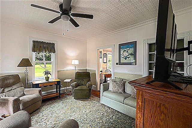 22 Mills Rd, Newcastle, ME 04553 - living area featuring crown molding and ceiling fan