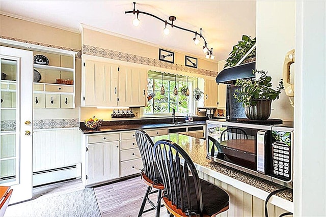 22 Mills Rd, Newcastle, ME 04553 - kitchen with stainless steel microwave, dark countertops, a baseboard heating unit, light wood finished floors, and ornamental molding