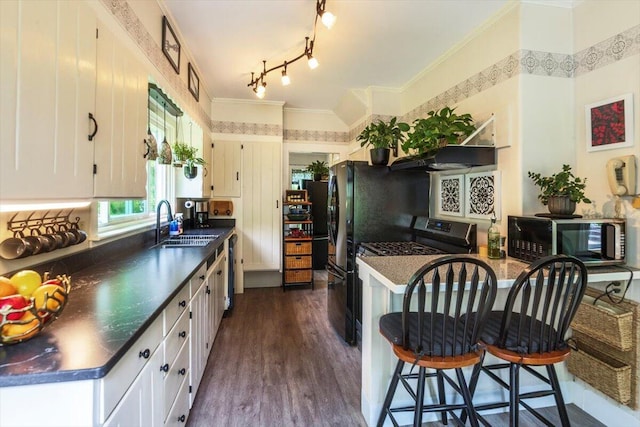 22 Mills Rd, Newcastle, ME 04553 - kitchen featuring dark countertops, a peninsula, crown molding, and dark wood-type flooring