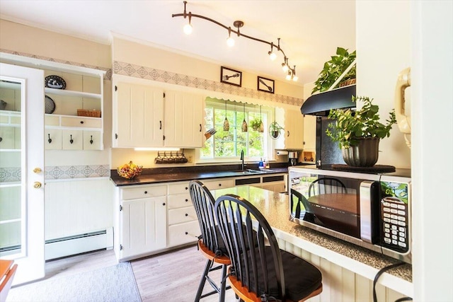 22 Mills Rd, Newcastle, ME 04553 - kitchen featuring a baseboard heating unit, stainless steel microwave, dark countertops, light wood-type flooring, and white cabinets