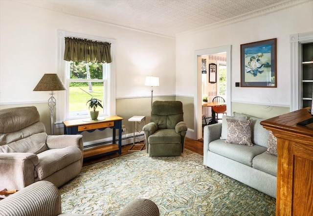 22 Mills Rd, Newcastle, ME 04553 - living room with a baseboard radiator, crown molding, and wood finished floors