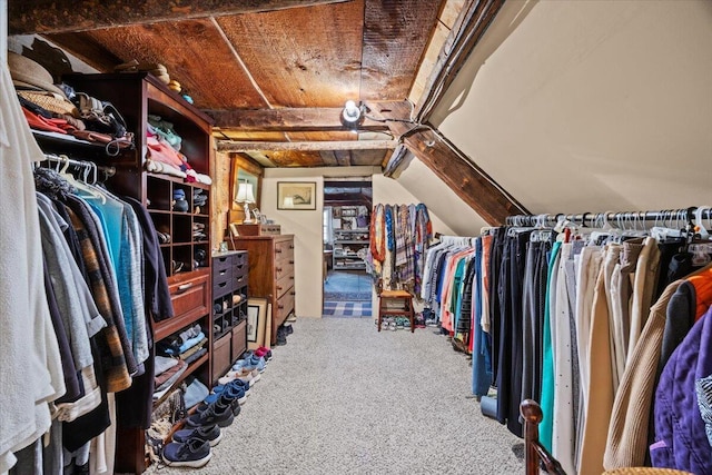 walk in closet with carpet