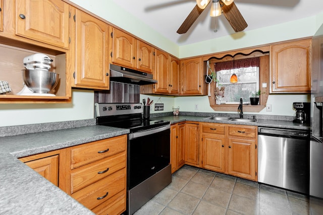 129 Bailey Hill Rd, New Sharon, ME 04955 - kitchen featuring under cabinet range hood, stainless steel appliances, a ceiling fan, a sink, and brown cabinetry