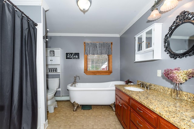 129 Bailey Hill Rd, New Sharon, ME 04955 - bathroom featuring a soaking tub, toilet, vanity, and ornamental molding