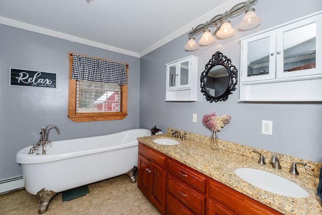 129 Bailey Hill Rd, New Sharon, ME 04955 - bathroom featuring a baseboard radiator, a freestanding tub, ornamental molding, and a sink
