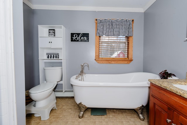 129 Bailey Hill Rd, New Sharon, ME 04955 - bathroom with baseboard heating, vanity, a freestanding bath, and toilet