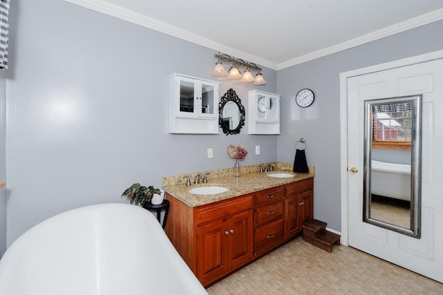 129 Bailey Hill Rd, New Sharon, ME 04955 - full bath with double vanity, a sink, ornamental molding, and a freestanding bath