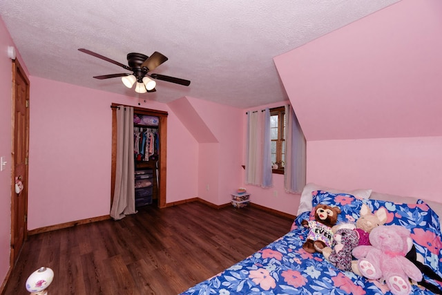 129 Bailey Hill Rd, New Sharon, ME 04955 - bedroom with baseboards, wood finished floors, a textured ceiling, and ceiling fan