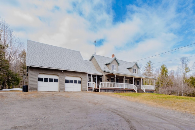 129 Bailey Hill Rd, New Sharon, ME 04955 - view of front of home with a chimney, central air condition unit, an attached garage, driveway, and a porch