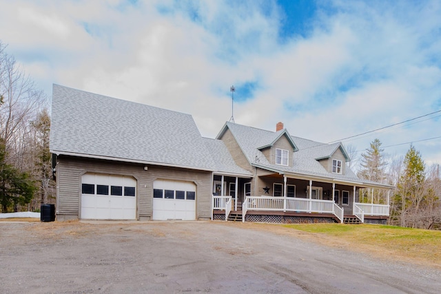 129 Bailey Hill Rd, New Sharon, ME 04955 - cape cod-style house featuring central AC unit, a chimney, driveway, covered porch, and an attached garage