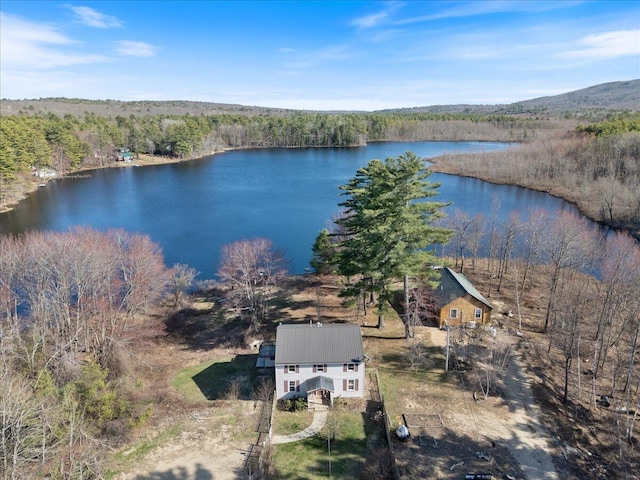 drone / aerial view featuring a wooded view and a water view