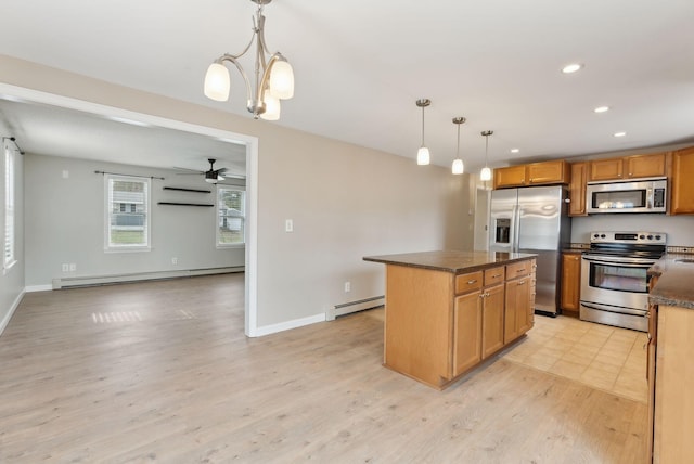 kitchen with recessed lighting, stainless steel appliances, dark countertops, a baseboard radiator, and baseboard heating