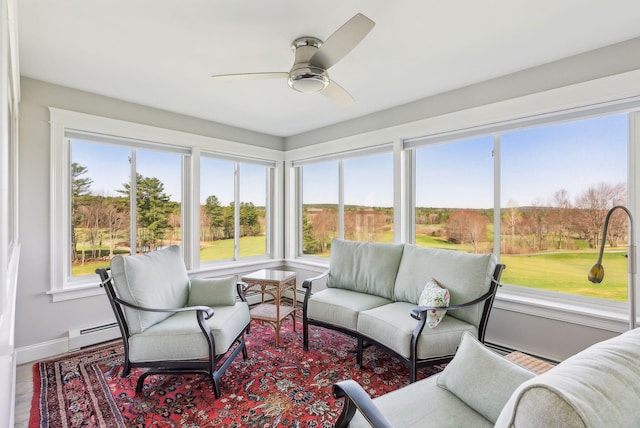 sunroom / solarium featuring an outdoor hangout area, ceiling fan, wood finished floors, and baseboard heating