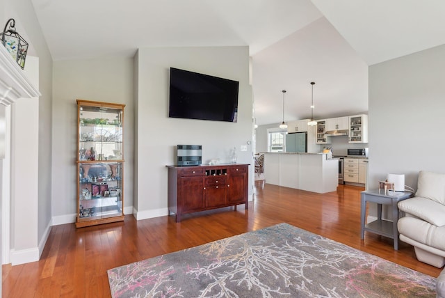 living room featuring baseboards, high vaulted ceiling, and wood finished floors