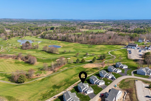 bird's eye view featuring a water view, a residential view, and golf course view