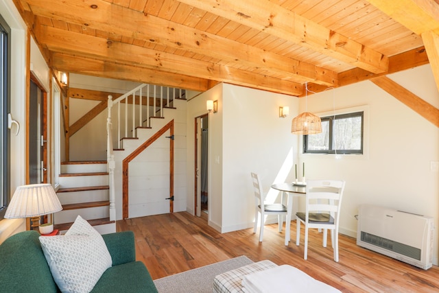 1 Good Day Dr, South Bristol, ME 04568 - living room featuring stairway, wood finished floors, wooden ceiling, and heating unit