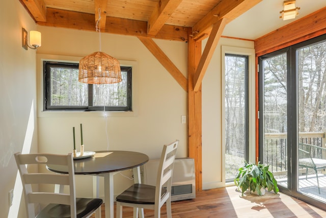 1 Good Day Dr, South Bristol, ME 04568 - dining area featuring wood ceiling, wood finished floors, and beam ceiling
