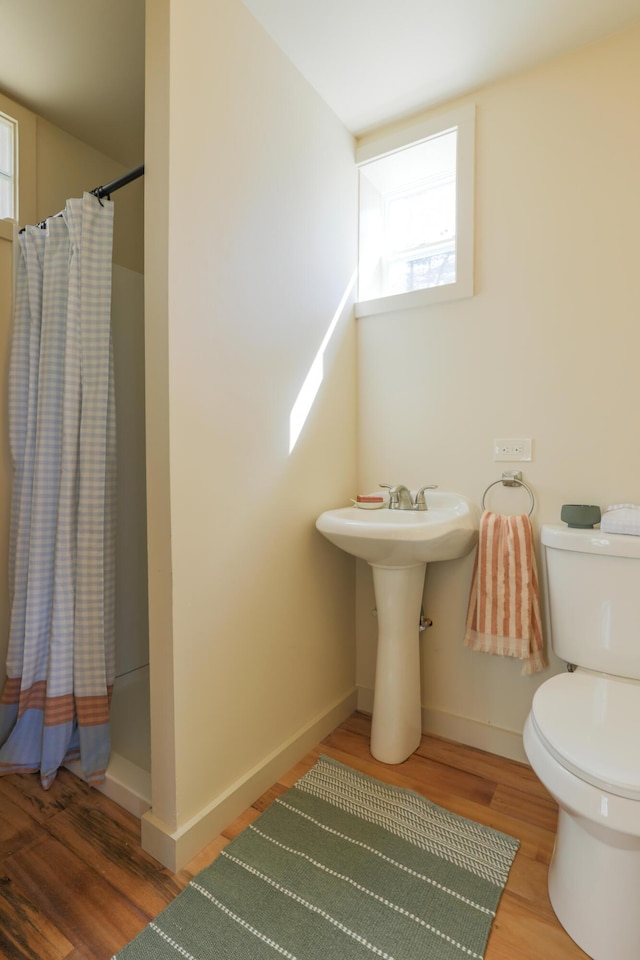 1 Good Day Dr, South Bristol, ME 04568 - bathroom featuring toilet, a shower with curtain, wood finished floors, and baseboards