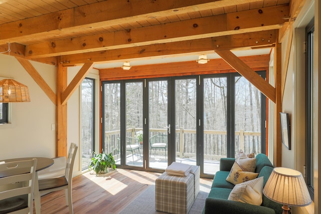 1 Good Day Dr, South Bristol, ME 04568 - living area with wooden ceiling, wood finished floors, and beam ceiling