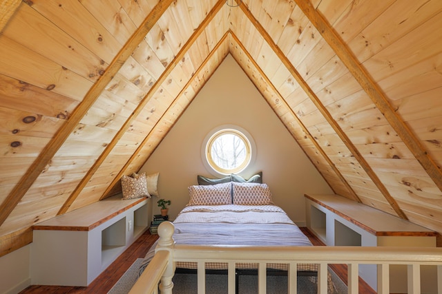 1 Good Day Dr, South Bristol, ME 04568 - bedroom with wood finished floors, wood ceiling, and lofted ceiling with beams