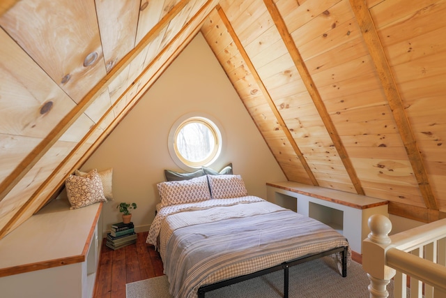 1 Good Day Dr, South Bristol, ME 04568 - bedroom with wood-type flooring, vaulted ceiling with beams, and wooden ceiling