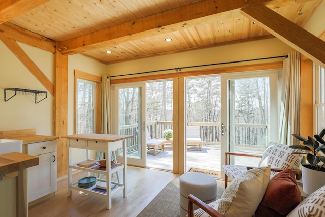 1 Good Day Dr, South Bristol, ME 04568 - entryway featuring light wood-style flooring, a healthy amount of sunlight, wooden ceiling, and beam ceiling