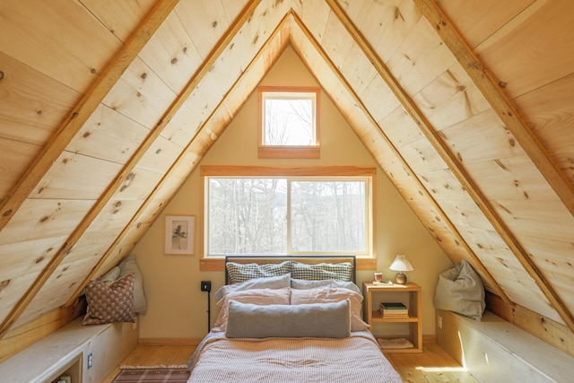 1 Good Day Dr, South Bristol, ME 04568 - bedroom with wood finished floors, vaulted ceiling with beams, and wooden ceiling