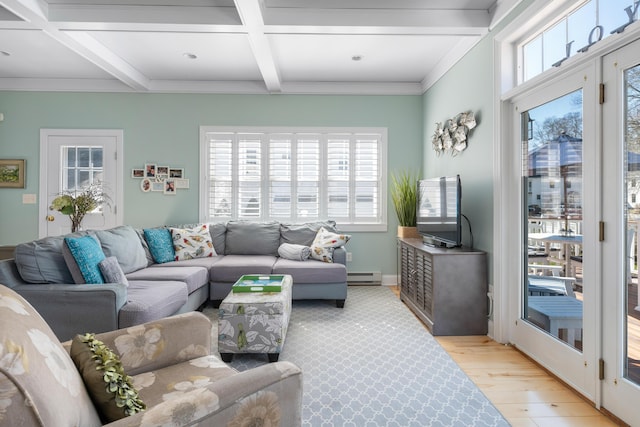 living area with baseboard heating, coffered ceiling, beamed ceiling, and light wood finished floors