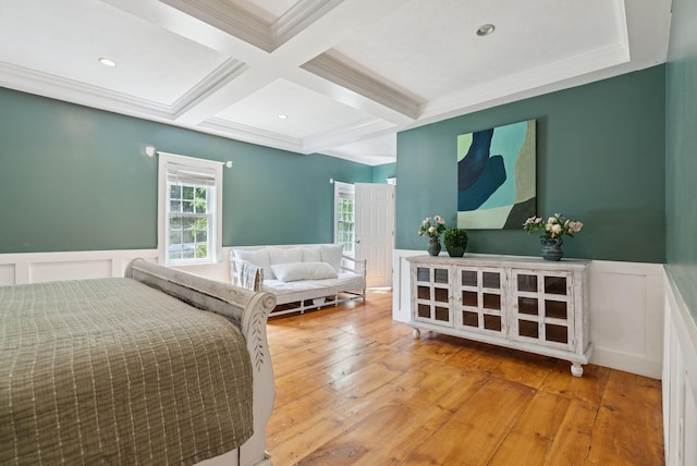 581 Bald Hill Rd, New Gloucester, ME 04260 - bedroom with coffered ceiling, beamed ceiling, wood-type flooring, a wainscoted wall, and a decorative wall