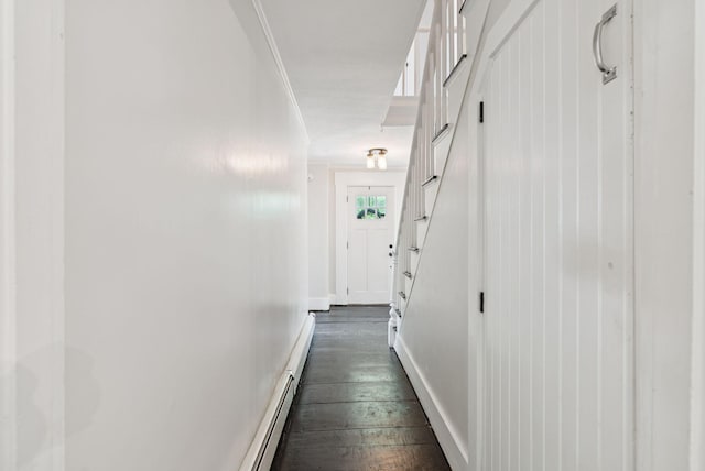 581 Bald Hill Rd, New Gloucester, ME 04260 - hallway featuring dark wood-style floors, crown molding, and baseboards