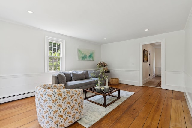 581 Bald Hill Rd, New Gloucester, ME 04260 - living room with hardwood / wood-style floors, recessed lighting, ornamental molding, and a baseboard radiator