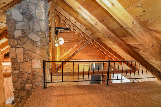 450 Greenwoods Rd, Peru, ME 04290 - bonus room featuring wood ceiling, vaulted ceiling with beams, and wooden walls