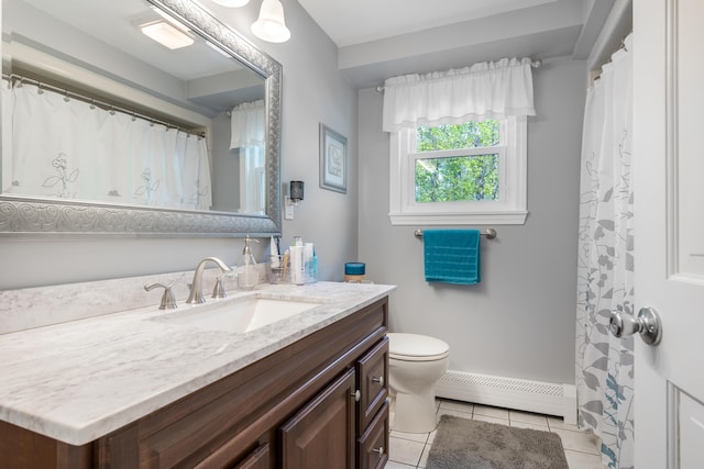 bathroom with baseboard heating, tile patterned flooring, toilet, and vanity