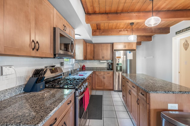 kitchen with stainless steel appliances, a sink, wood ceiling, decorative backsplash, and a kitchen island