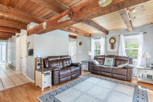 living room featuring a baseboard heating unit, beam ceiling, wood ceiling, light wood-style floors, and baseboards