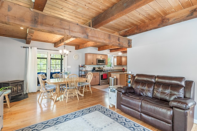living area with a chandelier, a wood stove, wooden ceiling, beamed ceiling, and light wood finished floors