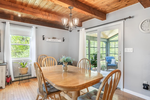 dining room featuring wood ceiling, baseboard heating, light wood-style flooring, beamed ceiling, and a chandelier