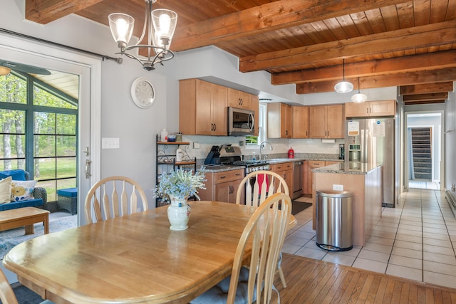 dining room with wood ceiling, beamed ceiling, a chandelier, and light wood finished floors