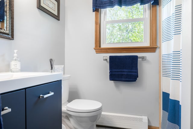 full bathroom with a baseboard radiator, toilet, vanity, and curtained shower