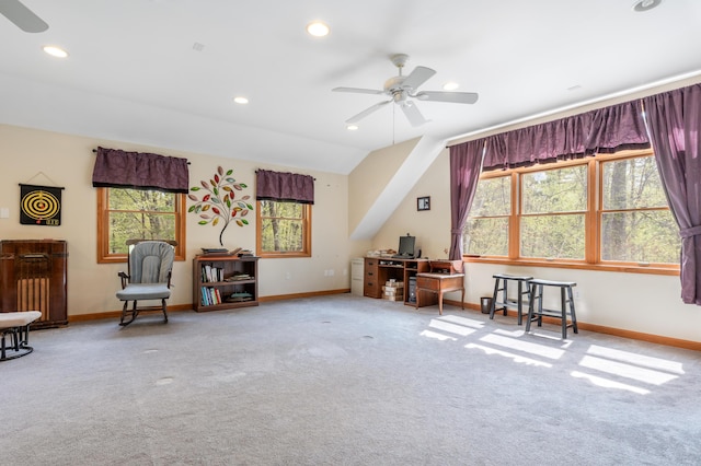 sitting room featuring a ceiling fan, carpet flooring, plenty of natural light, recessed lighting, and lofted ceiling