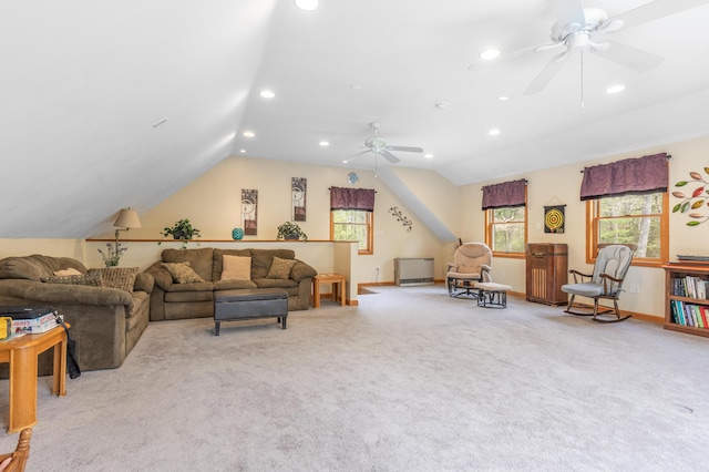 carpeted living room featuring a ceiling fan, recessed lighting, vaulted ceiling, and baseboards