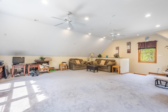 bonus room with lofted ceiling, carpet flooring, ceiling fan, recessed lighting, and baseboards