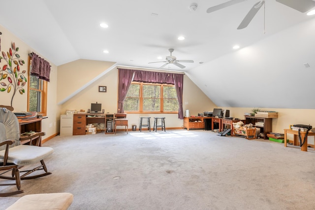 rec room featuring an office area, ceiling fan, vaulted ceiling, recessed lighting, and carpet