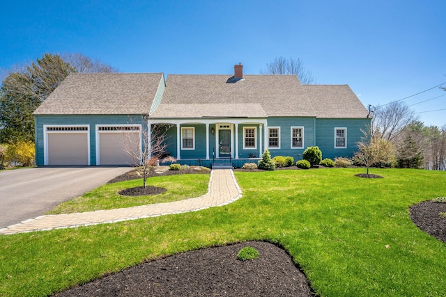 18 Pleasant St, Newcastle, ME 04553 - view of front of home with a porch, an attached garage, driveway, a chimney, and a front yard