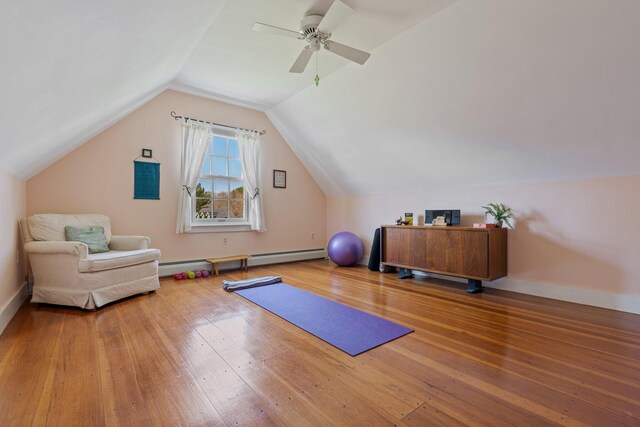 18 Pleasant St, Newcastle, ME 04553 - exercise area featuring hardwood / wood-style flooring, lofted ceiling, ceiling fan, and baseboard heating