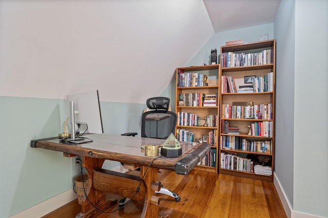 18 Pleasant St, Newcastle, ME 04553 - office with baseboards, lofted ceiling, and wood finished floors