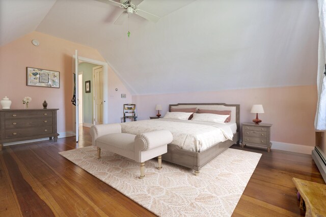 18 Pleasant St, Newcastle, ME 04553 - bedroom with wood finished floors, vaulted ceiling, baseboards, and ceiling fan