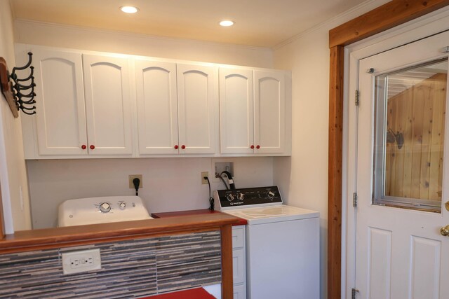 24 Lincoln St, Ellsworth, ME 04605 - laundry area with recessed lighting, separate washer and dryer, crown molding, and cabinet space