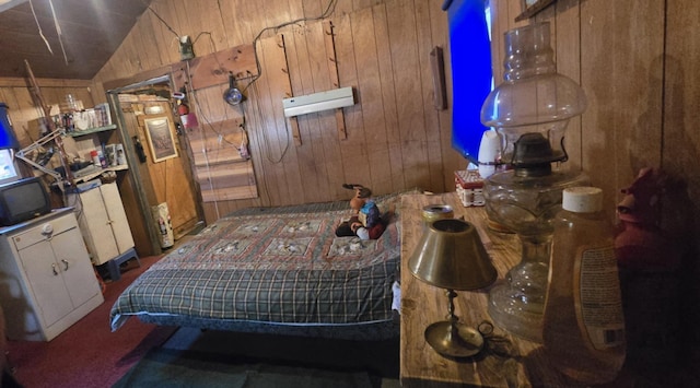 574 Half Township Rd, Lincoln, ME 04457 - bedroom featuring vaulted ceiling and wood walls